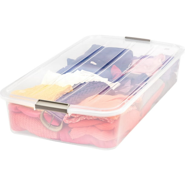 IRIS USA Contenedor organizador de almacenamiento de plástico debajo de la cama de 50 cuartos con tapas seguras y hebillas negras duraderas, multiusos para ropa, zapatos, ropa de cama, largo, transpar