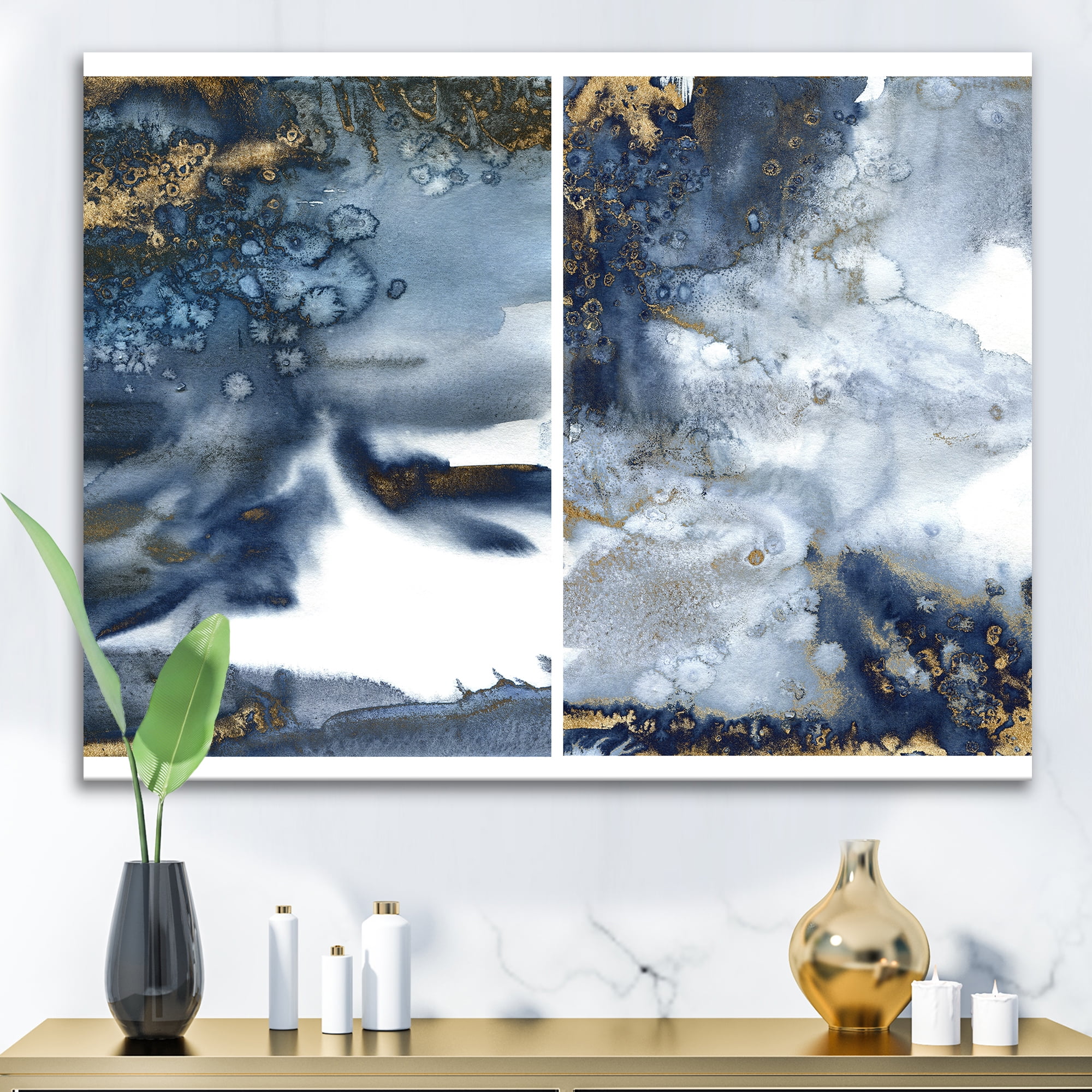 Designart ' Gold and Dark Blue Abstract Waves IV ' Modern Canvas Wall Art Print