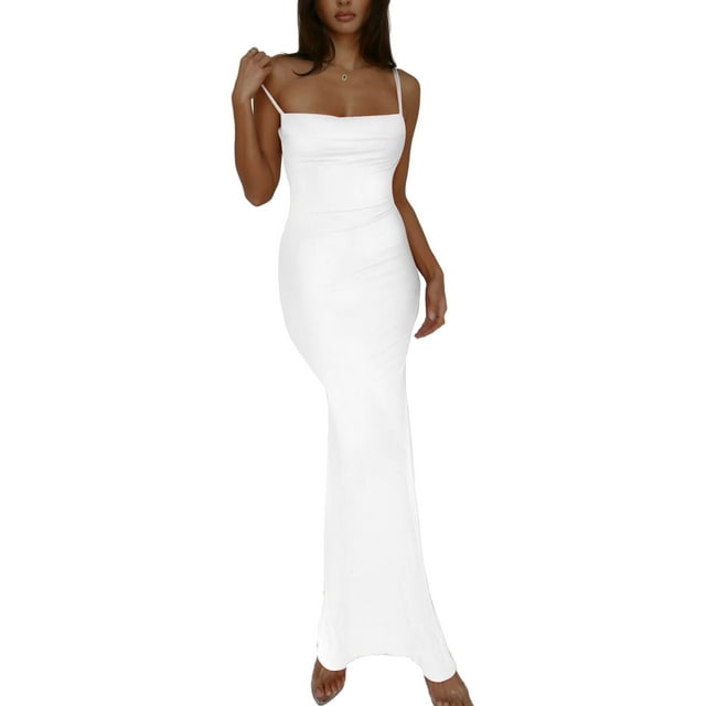 Faithtur Robe Longue Moulante pour Femmes Bretelles Spaghetti Col Carré Robe Midi Dos Nu Robe de Soirée