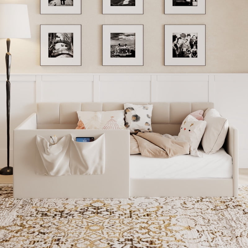Twin Size Velvet Daybed with 2 Storage Pockets, Upholstered Guest Sofa Bed Frame with High & Padded Backrest