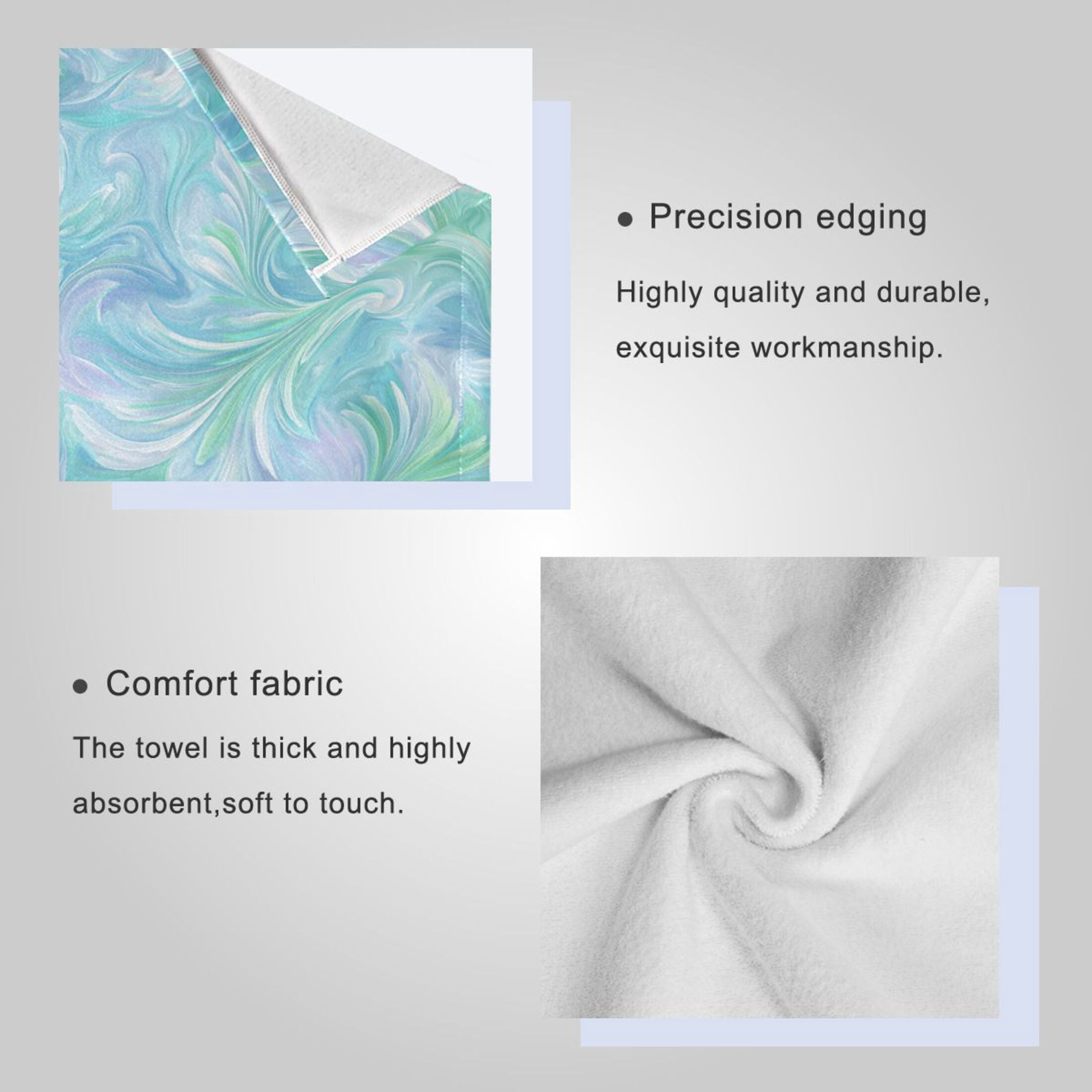 3 Sizes Towel Set - Bath Towel, Hand Towel & Washcloth for Daily Household Use Aqua Swirl Feather Design