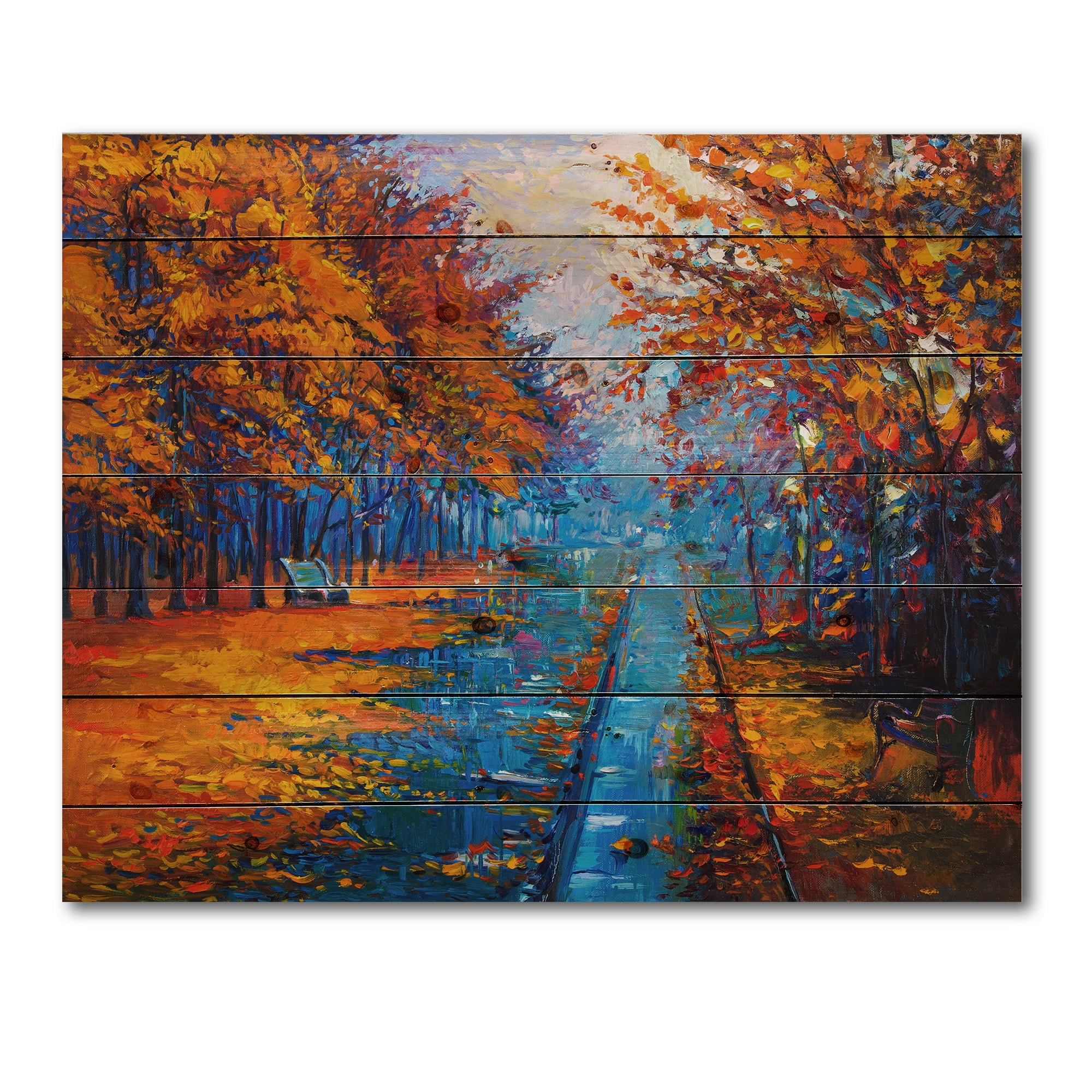 Designart 'Orange Autumn Landscape With Little Road II' Traditional Print on Natural Pine Wood