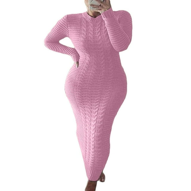 Women Long Sleeve Knitted Dress Crochet Pattern Solid Ribbed Casual Dress