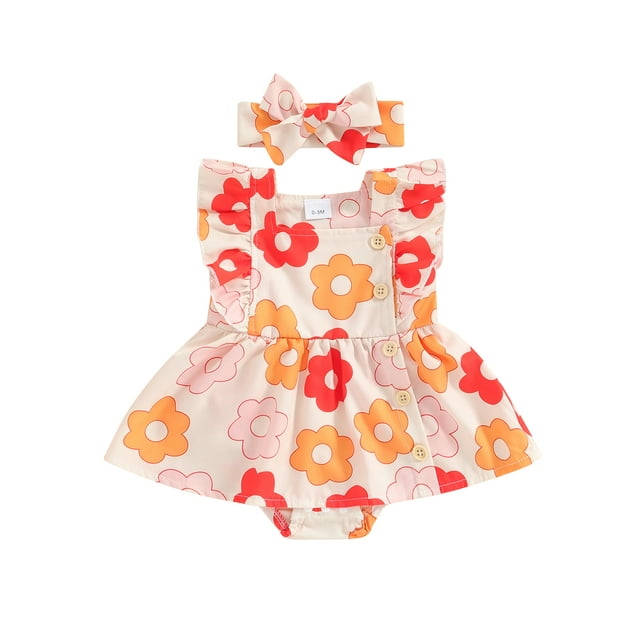 Gupgi Barboteuse-Robe d'Été Sans Manches à Volants à Imprimé Floral pour Bébés Filles avec Bandeau
