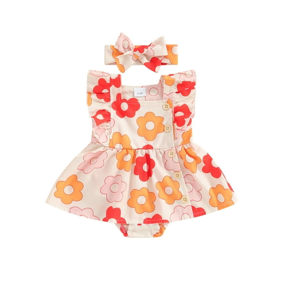 Gupgi Barboteuse-Robe d'Été Sans Manches à Volants à Imprimé Floral pour Bébés Filles avec Bandeau