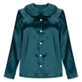 thumbnail image 5 of Womens Silk Satin Tops Ruffle Lapel Collar Button Down Shirts Casual Long Sleeve Business Dressy Luxury Clothes,Cyan L, 5 of 5