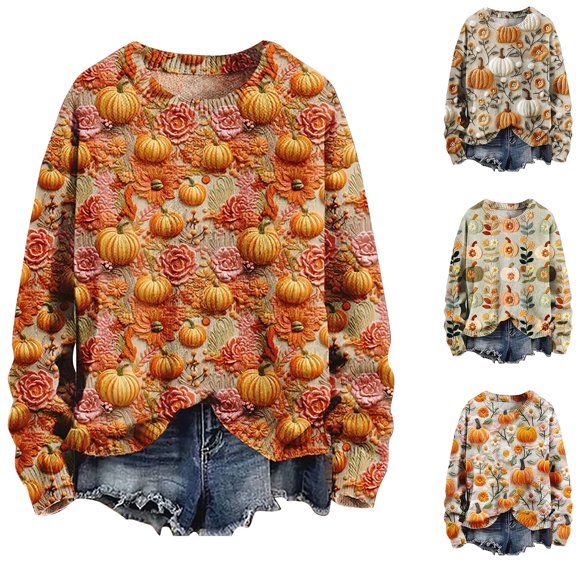 YVNAURA Women’s Casual Comfort Pumpkin Graphic Sweatshirt Crewneck Long Sleeve Pullover Loose Fit Fall Tops Cute Pumpkin Spice Sweater for Autumn Thanksgiving Daily Wear 1 Pack, Orange,L