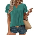 thumbnail image 2 of Camisetas Casuales de Manga Corta de las Mujeres con Cuello en V, Cuello Redondo, Color Sólido Blusa Ligera de Poliéster, 2 of 7