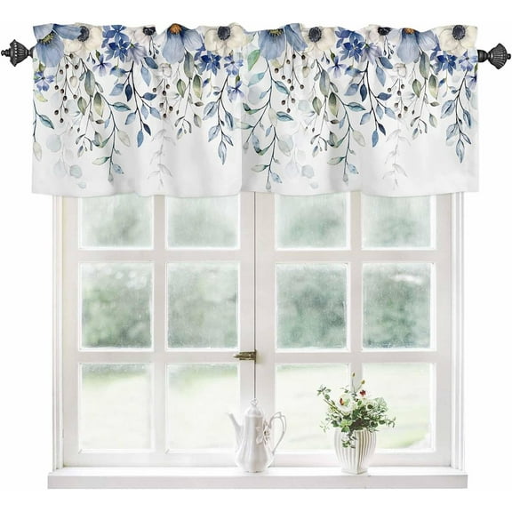 Kitchen Curtain Valance for Windows Blue Eucalyptus Leaves Watercolor Floral Spring 1 Panel, 54 x 18 Inch Rod Pocket Valance Window Treatments Short Curtains for Bathroom Bedroom