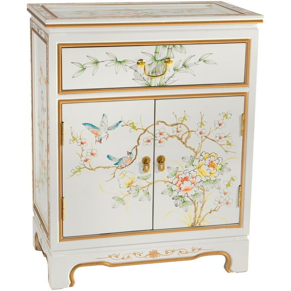 Oriental Furniture White Lacquer Cabinet with Bird and Flowe Hand-Painted, White