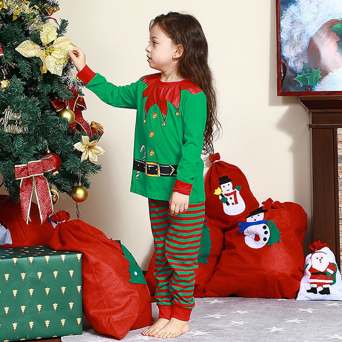 Pyjama de Noel Enfants Garcons Filles Elf Santa Claus Vetements de Nuit pour Tout Petits Noel avec Chapeau Vetements de Nuit du Nouvel An 2 14 Ans