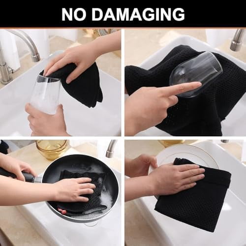Kitchen Towels and Dishcloths Set, 12 x 12 and 13 x 28 Inches, Set of 12 100% Cotton Waffle Weave Kitchen Towels, Super Soft and Absorbent Dish Cloths, Black