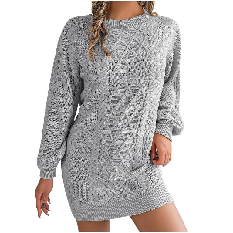 SMihono Womens Dresses Crew Neck Long Lantern Sleeve Mini Sweater Dress  Cable Knit Casual Loose Fall Pullover Sweaters Gray L - Walmart.com