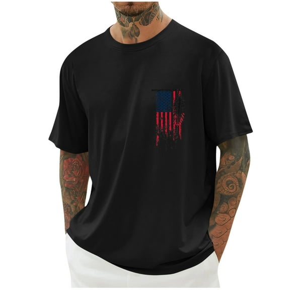 T-Shirts for Men Short Sleeve Round-Neck Independence Day Print Casual Shirts Black XXXL
