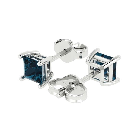 1.5 Ct Princess Cut Studs Natural London Blue Topaz 18K White Solid Solid Gold Everyday Dainty Earrings Push Back