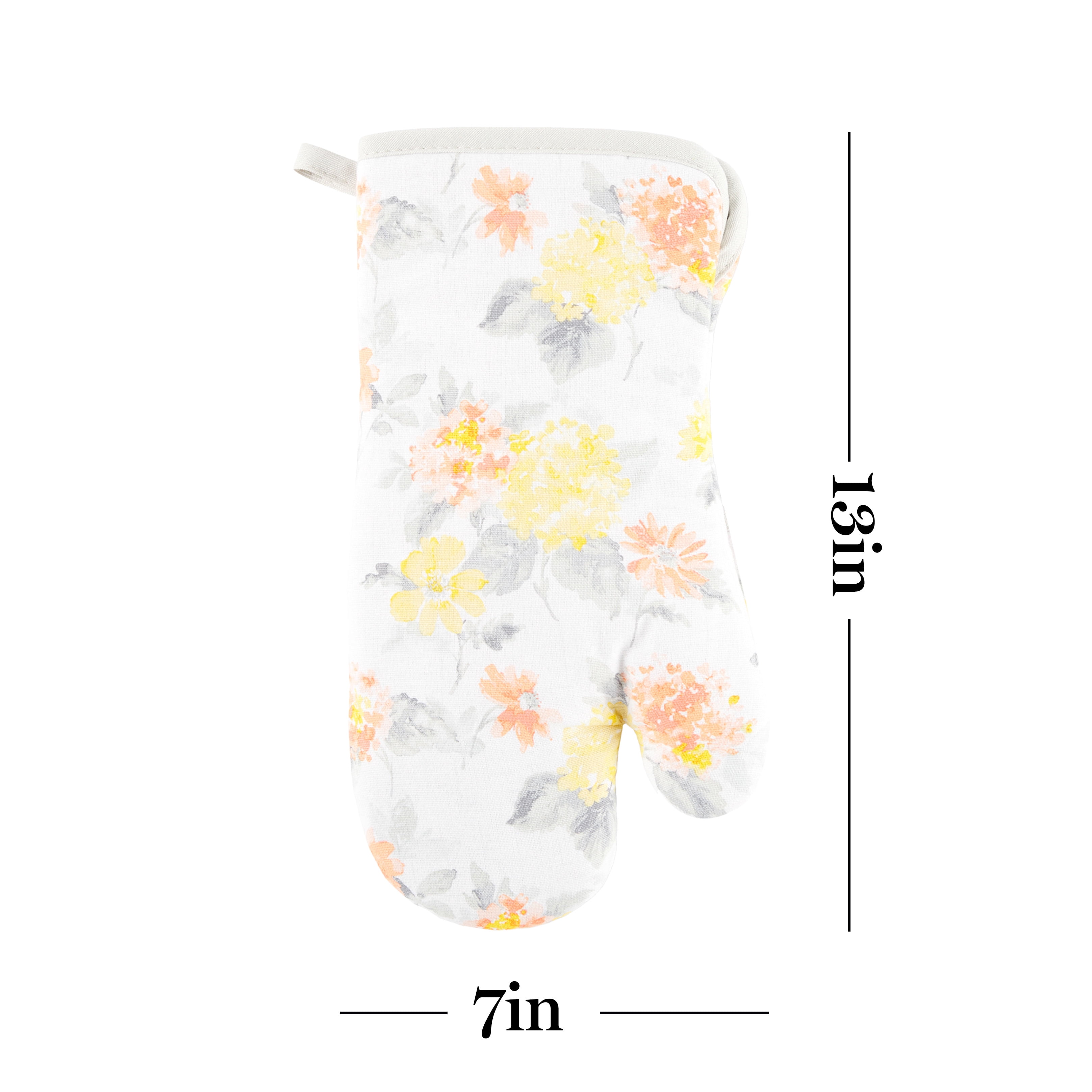 Martha Stewart Amber Floral Oven Mitt & Pot Holder Set 2-Pack, Yellow/Coral, OM: 7"x13" & PH: 7"x10"