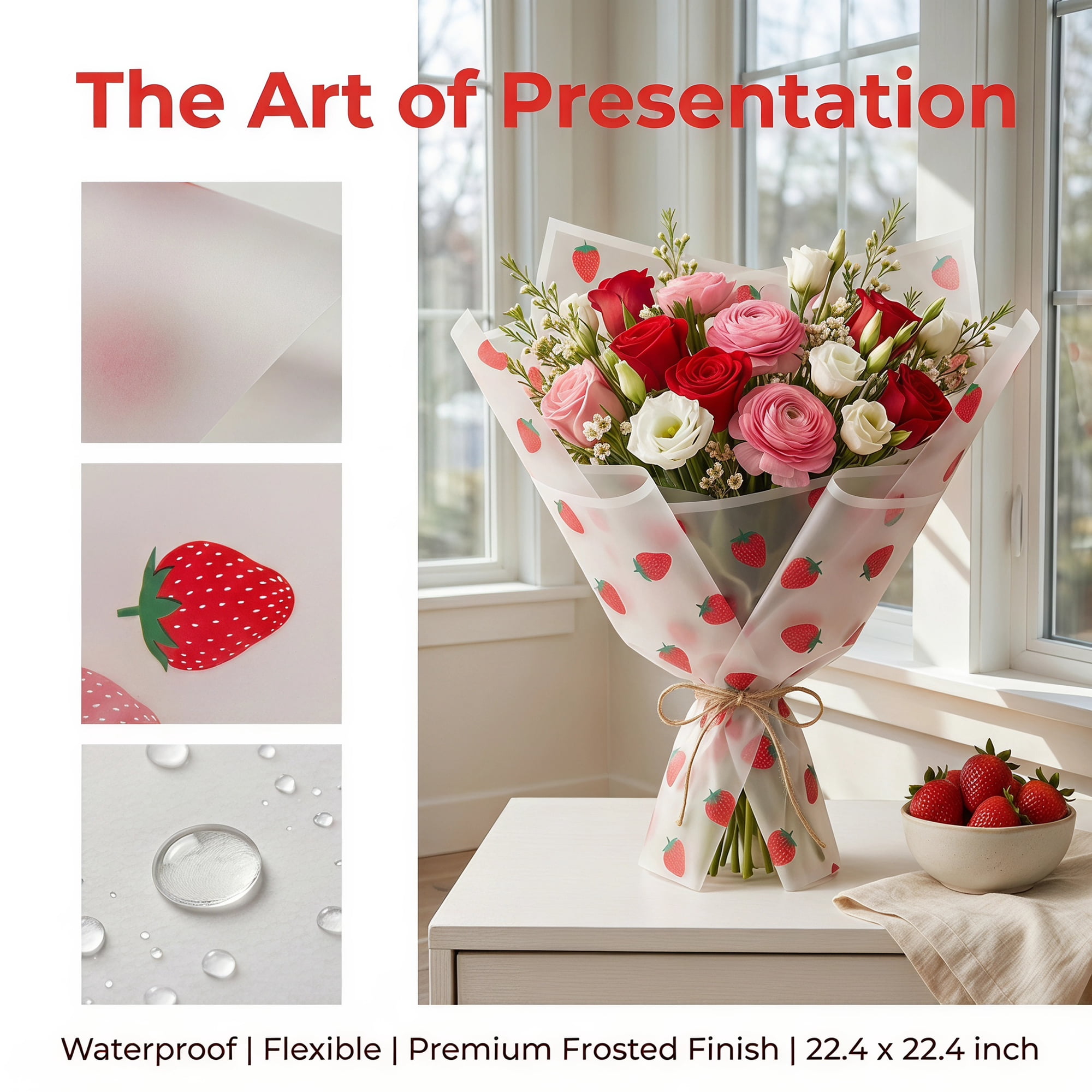 Unique Bargains Strawberry Gift Wrapping Paper Sheets for Floral Gifts White 22.4"x 22.4"