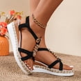 thumbnail image 5 of CYMMPU Women's Rhinestone Beaded Platform Wedge Sandals, Crisscross Strap Slingback Open Toe Summer Shoes Black 36, 5 of 9