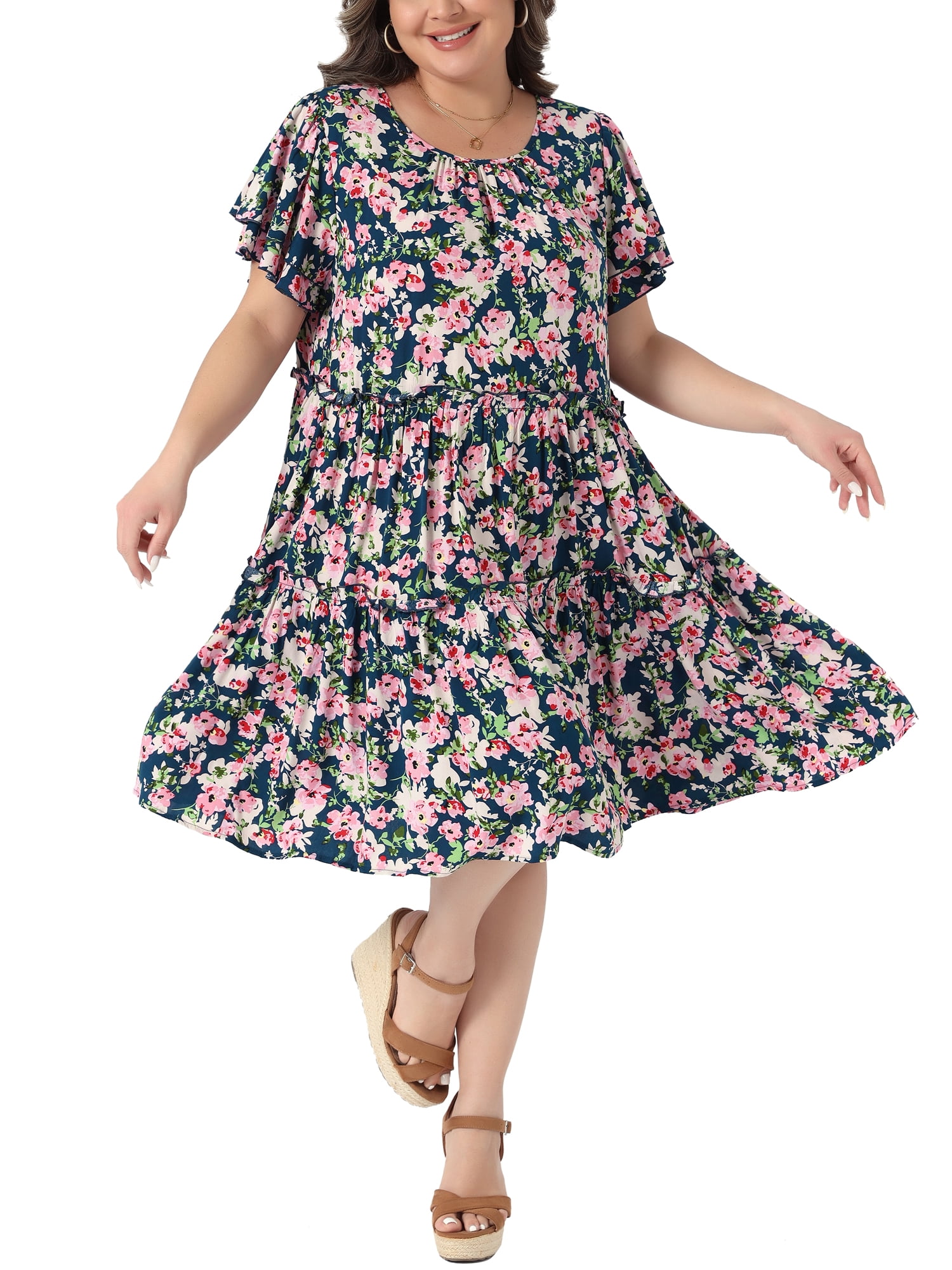 DARING DIVA Women's Plus Crew Neck and Ruffle Short Sleeves Floral Dress 3X Navy Blue