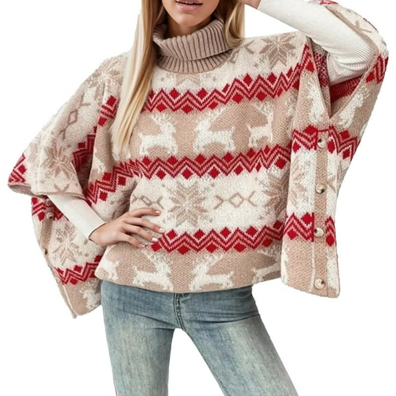 Vintage Christmas Sweaters for Women 2025 Batwing Sleeve Turtleneck Reindeer Color Block Pullover Sweater Jumper Tops