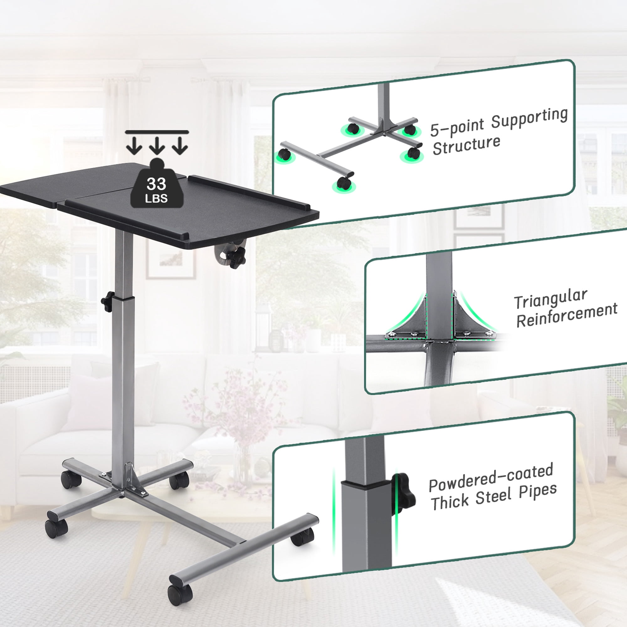 Gymax Mobile Laptop Stand on Wheels Height Adjustable Overbed Sofa Side Table