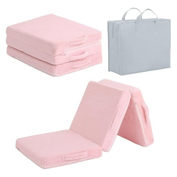 Toddler Foldable Floor Mattress for Kids, Small Floor Nap Mat for Sleeping Daycare, Kids Trifold Chair Mattresses, Portable Toddler Tri Folding Mattress for Girls and Boys, Plush Pink