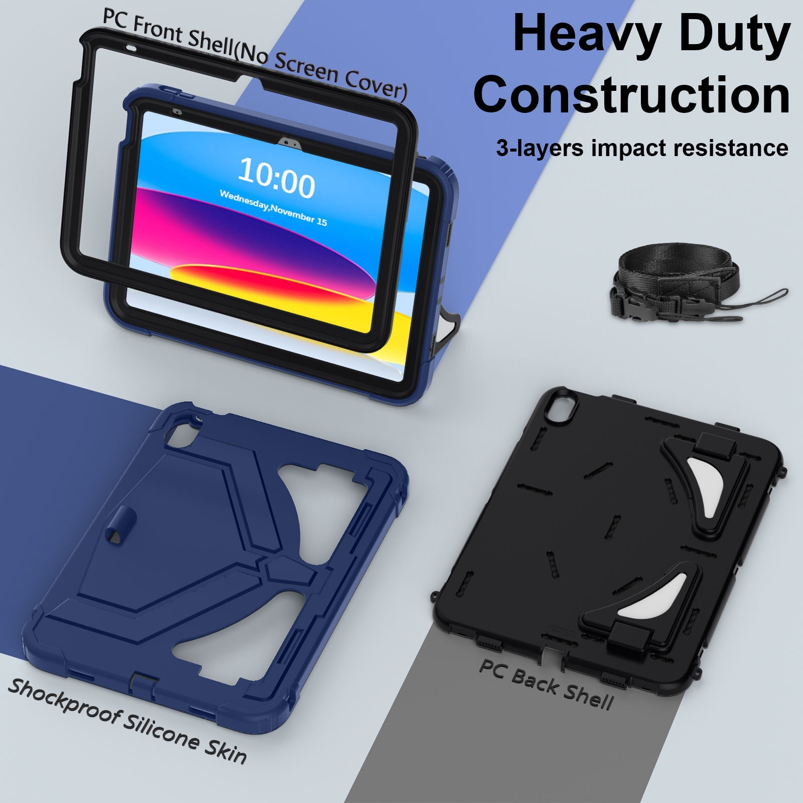 Allytechgroup Kids Case for Apple iPad A16 11" 11th Gen 2025/ iPad 10th Gen 10.9" 2022, Heavy Duty Shockproof Kickstand Cover with Shoulder Strap & Pencil Holder Kids Friendly, Darkblue