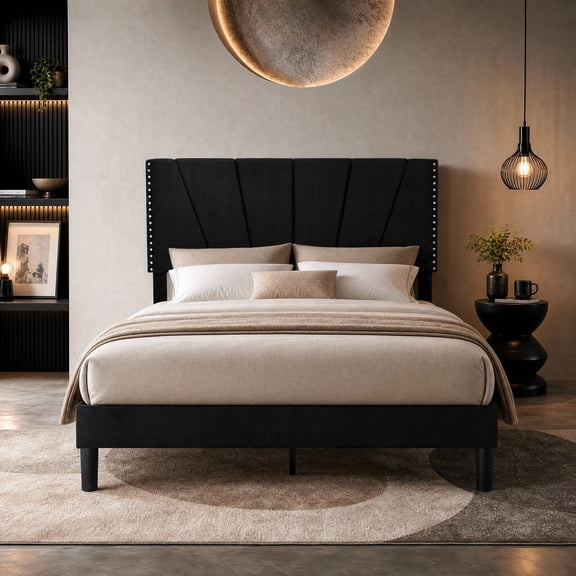Einfach Queen Size Upholstered Bed Frame, Velvet Platform Bed Frame with Adjustable Headboard, Under Bed Storage, Heavy Duty Metal Support, Black