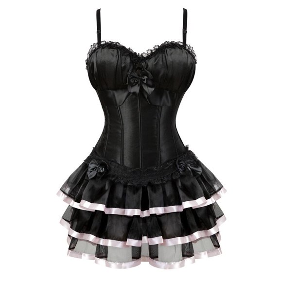 Black Sexy Burlesque Overbust Corset Dress Top With Cup Straps Bustiers Corsets Tutu Skirt Costumes Satin Body Shaper Lingerie