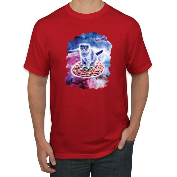 Wild Bobby, Cute Trippy Space Cat Riding Pizza, Animal Lover, Men Graphic Tees, Red, 4XL
