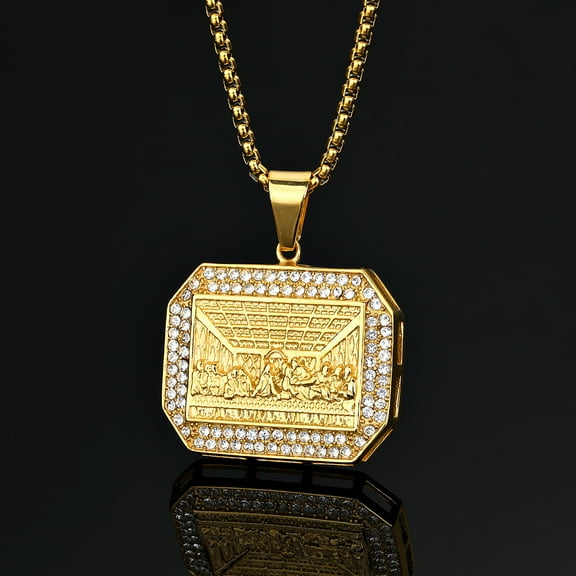Hip Hop Bling Iced Out Rhinestones 14K Yellow Gold The Last Supper Geometric Square Pendant Necklace for Men Rapper Jewelry
