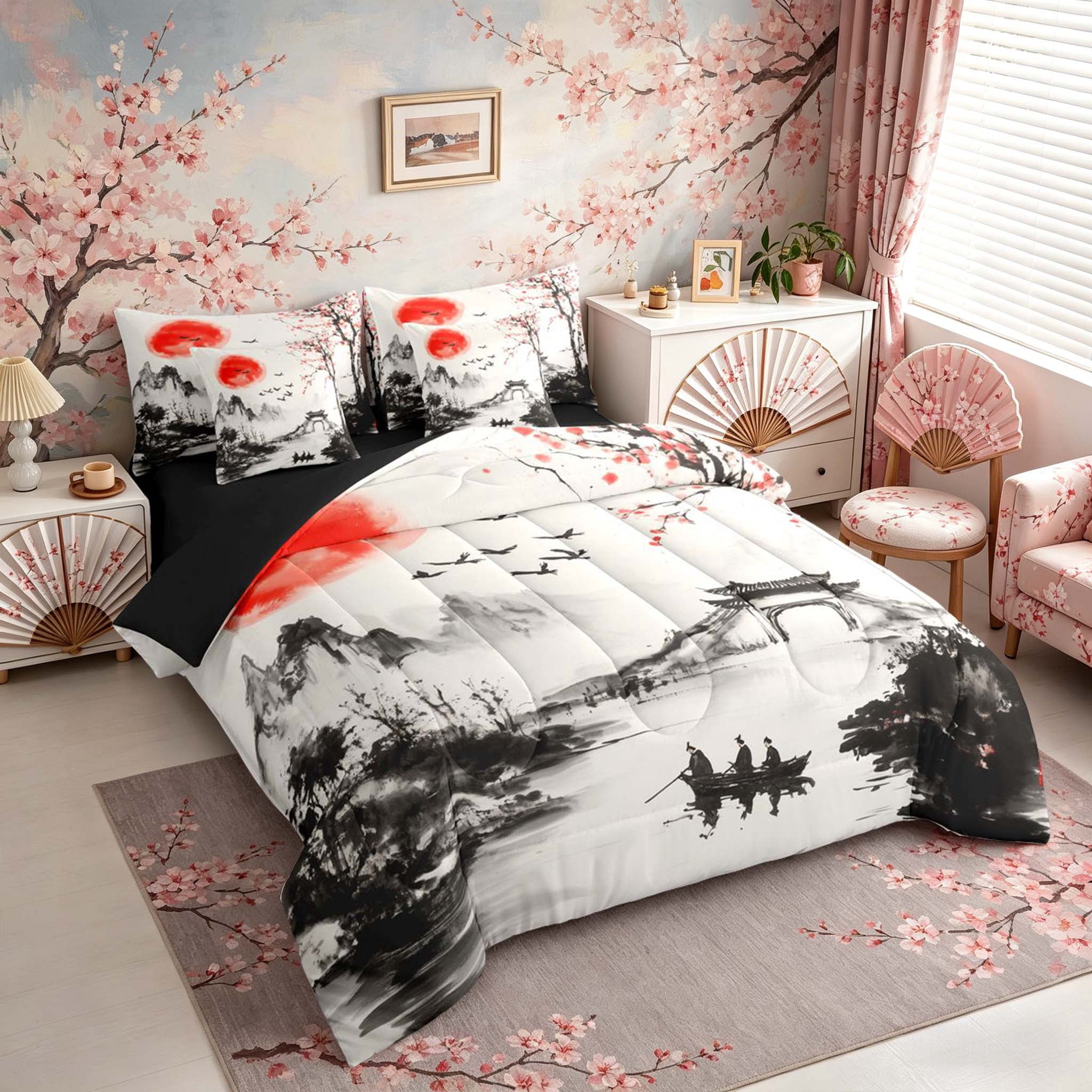 Manfei Ink Red Sun Boat Bedding Comforter Set for Girls Women, Plum Tree Queen Bedding Sets, Black Red White, Black Reversible7 Pieces