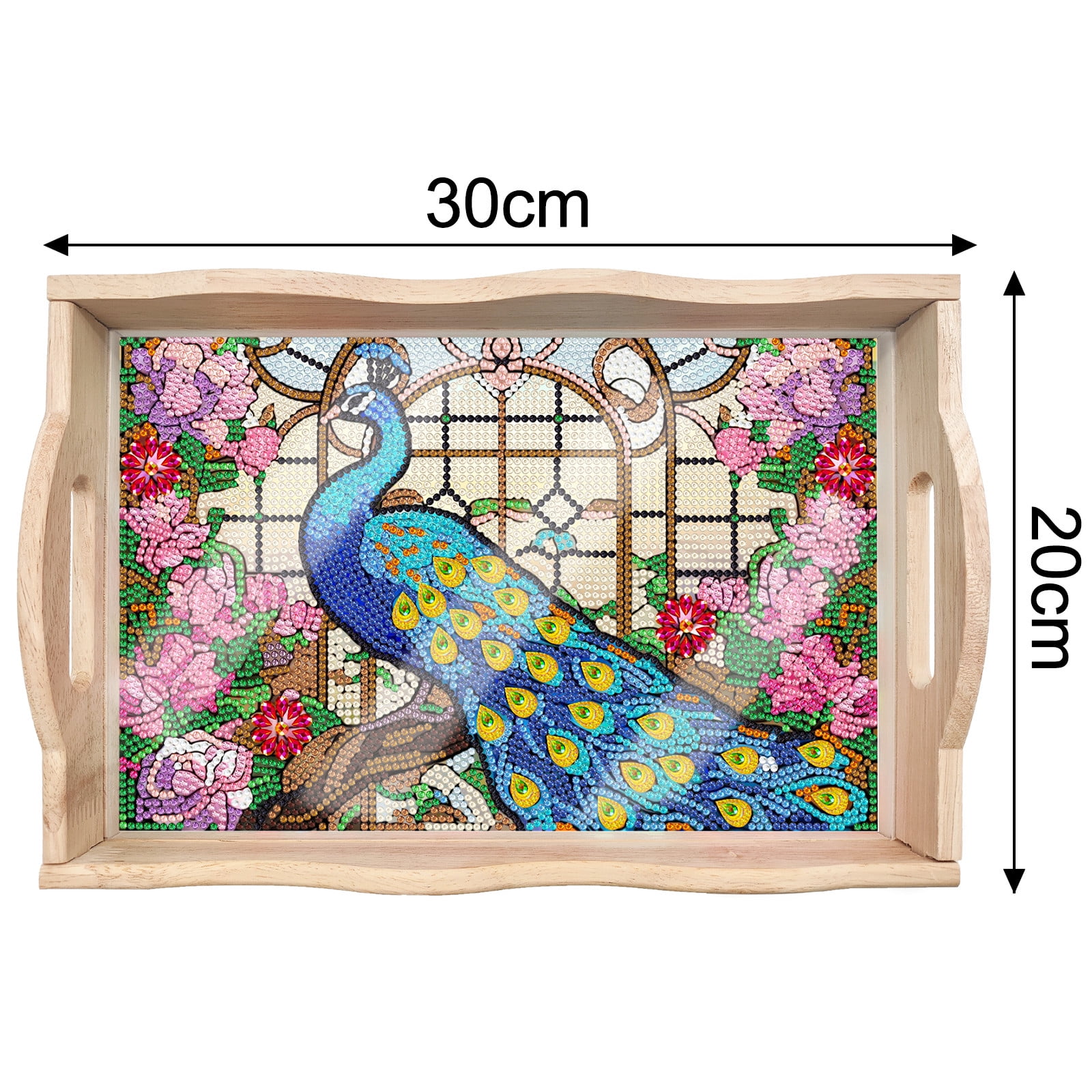 FLOPESN DIY Diamond Art Painting Tray,Handmade Wooden Tray Mosaic by Number Kits Diamond Art for Coffee Living Room Home Organizer-Peafowl