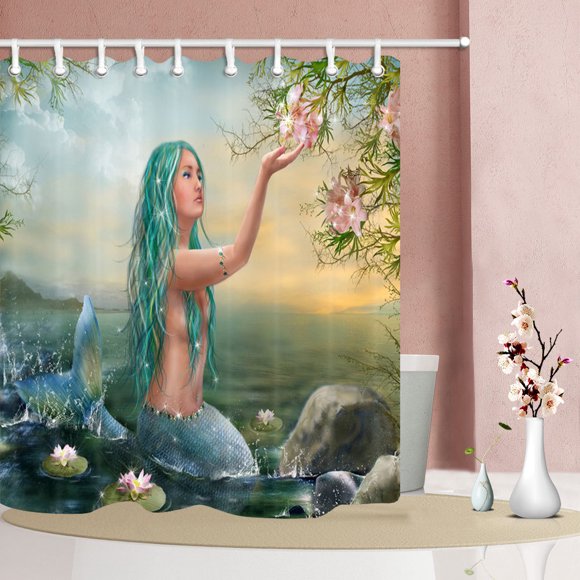 Mermaid Princess Lotus Shower Curtain Sunset Fairytale Girls Underwater Ocean Sea World Home Bathroom Decor Quick Dry Fabric with 12 Hooks,Extra Long Shower Curtain in W 72" x H 84"