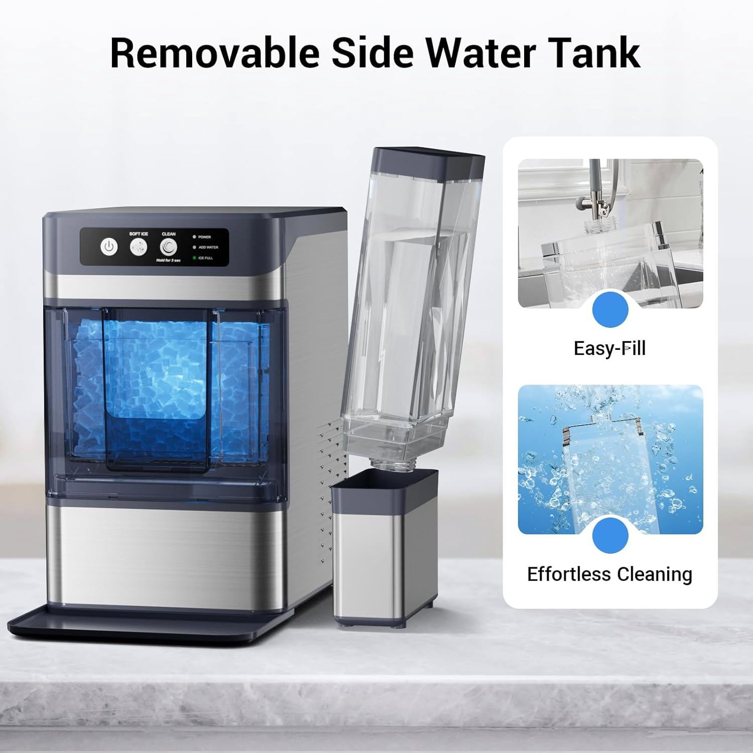 Nugget Ice Maker Countertop with 0.8Gal Removable Tank, 44Lbs/24H, One-Touch Fast Ice in 6 Mins, Self-Cleaning & Ultra Quiet for Home/Office/Party