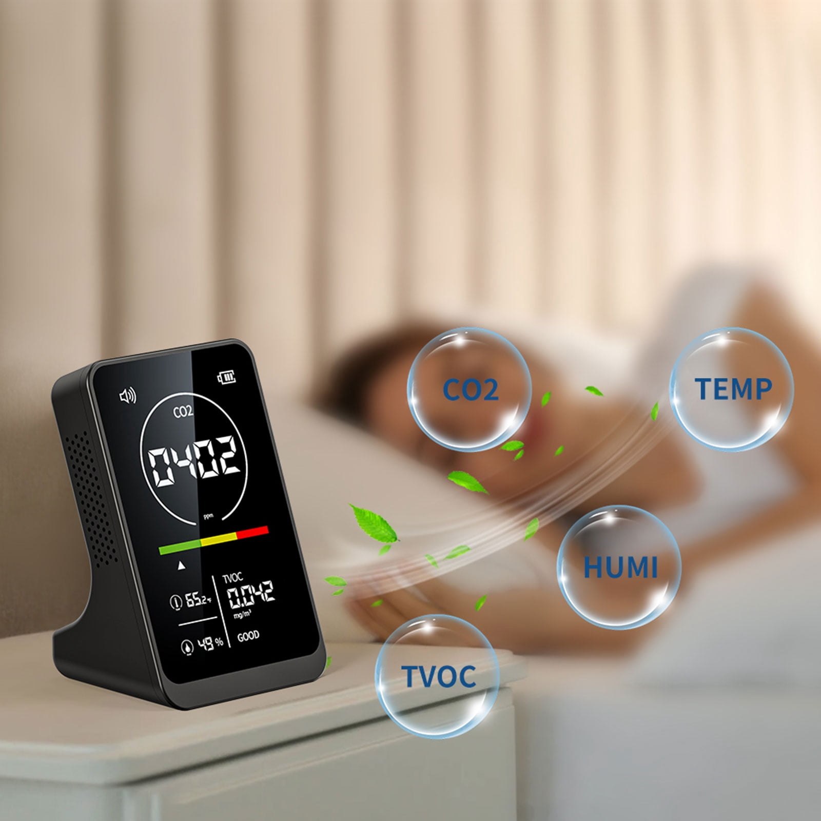 Carbon Dioxide Detector Indoor CO2 Tester with Temperature Humidity TVOC Detection Digital Air Quality Meter with Alarm