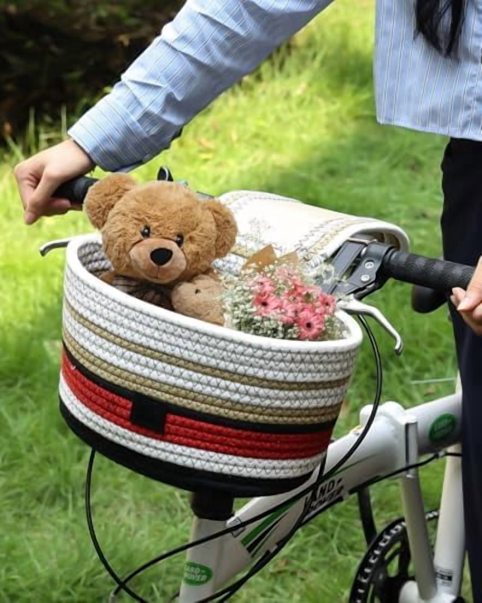 Handmade Bike Basket Front, Woven Bicycle Baskets for Adult Bikes, Rustic Detachable Handlebar Basket with Lid, Adjustable Leather Straps