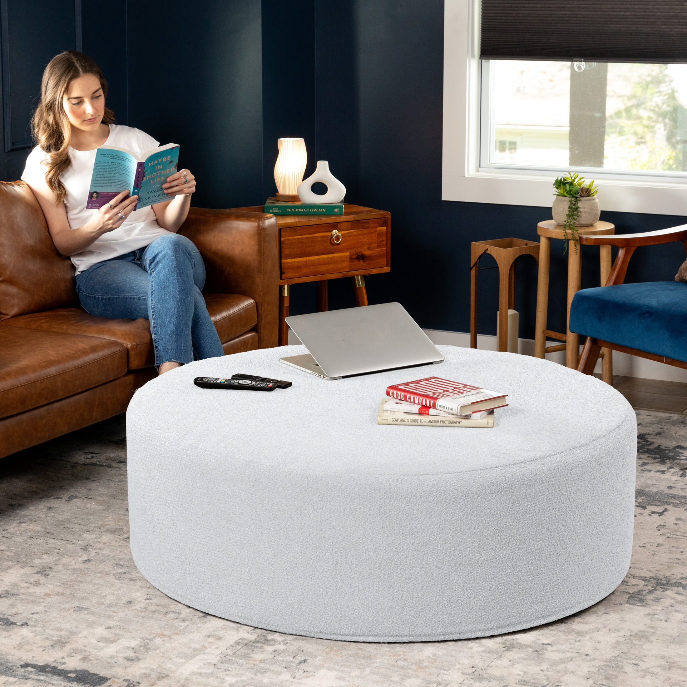 Jaxx Candler Round Coffee Table Ottoman, Oversized, 44-Inch, Boucle White