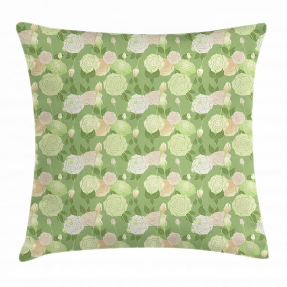 Rose Throw Pillow Cushion Cover, Abstract Pastel Colored Blossoms and Buds Romantic Spring Garden, Decorative Square Accent Pillow Case, 16 X 16 Inches, Pistachio Green Peach and White, by Ambesonne
