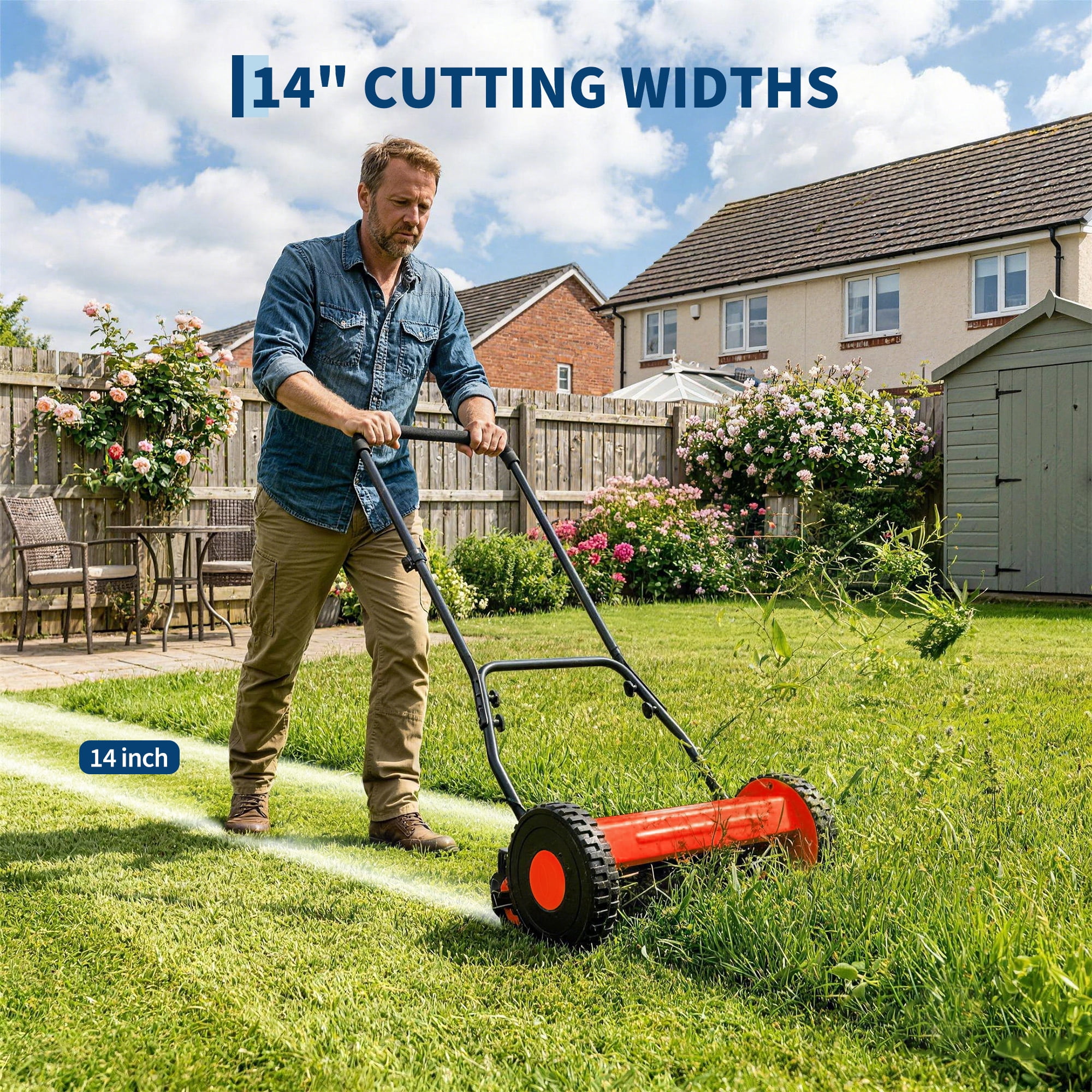 Garvee 16-Inch Manual Reel Lawn Mower, 5-Blade Hand Push Grass Cutter, Adjustable Cutting Height, Lightweight, for Small to Medium Yards, Red