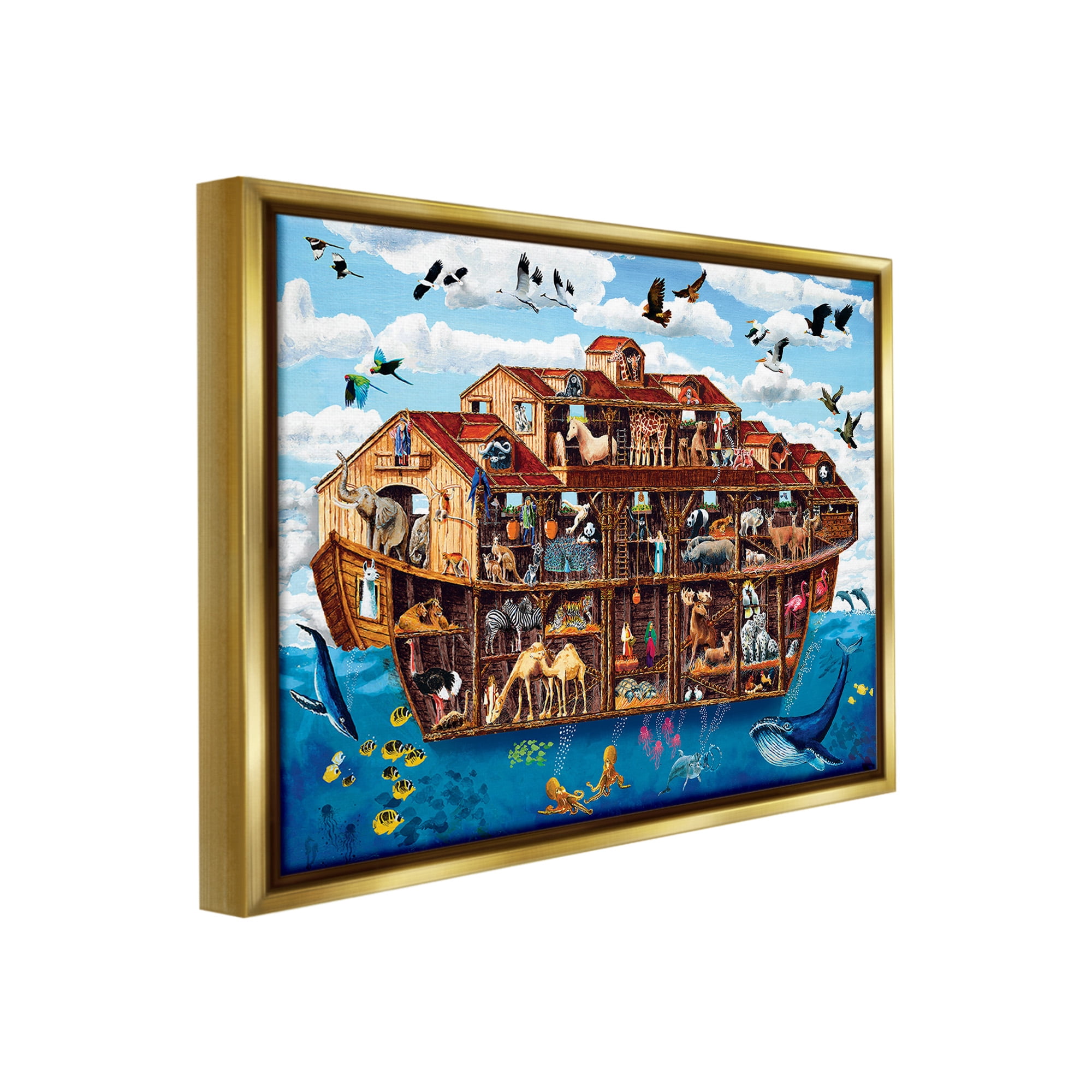 Stupell Industries Noah's Ark Animals Animals & Insects Painting Gold Floater Framed Canvas Art Print Wall Art, 21 x 17