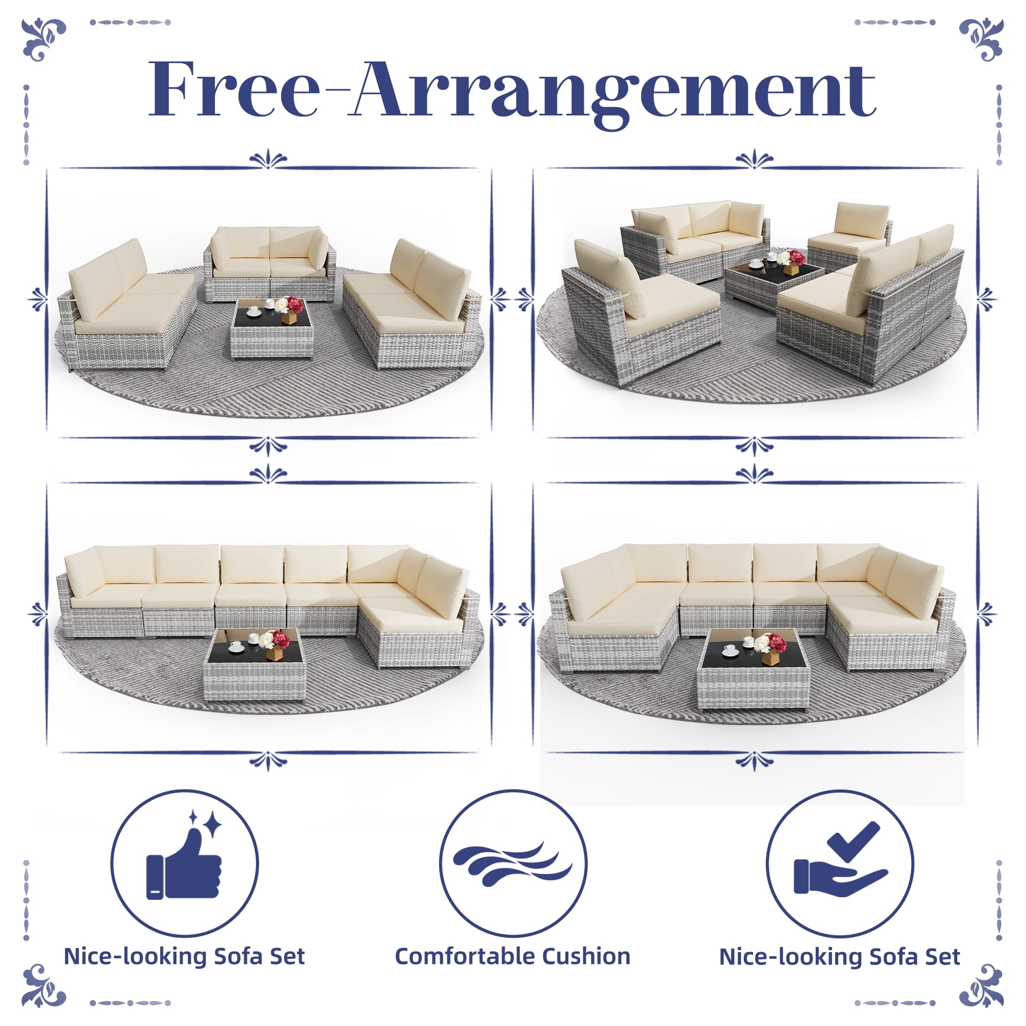 KIGOTY 7 Piece Outdoor Patio Furniture, Wicker Rattan Outdoor Conversation Set Sectional Sofas for Backyard, Garden, Grayish-White Beige