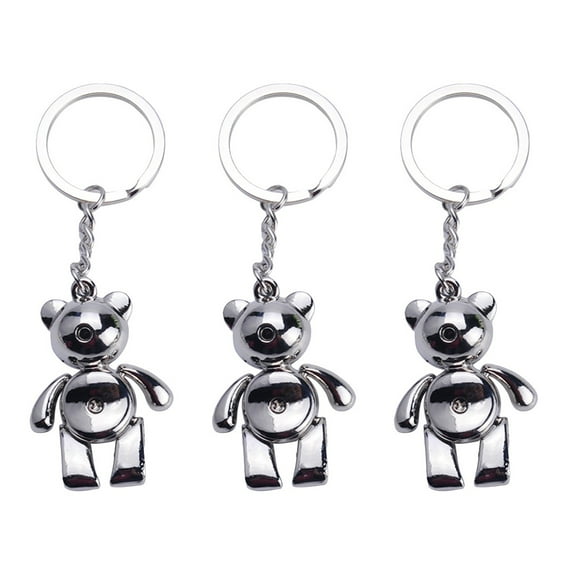 3pcs Bear Keyring Metal Keychain Cool Car Keyring Purse Bag Decoration Creative Gift Keyfob (Silver)