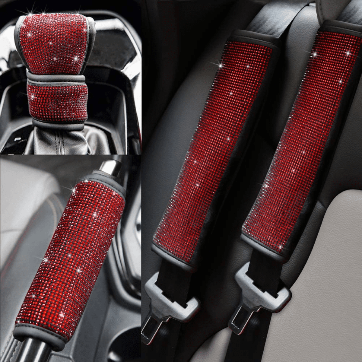 Bling Car Accessories for Women Interior Set-6 Pack Diamond Car Accessories with 2 Bling Seat Belt Covers,2 Bling Car Hook Backseat,Bling Gear Shift Cover Handbrake Cover 6 Pack 
