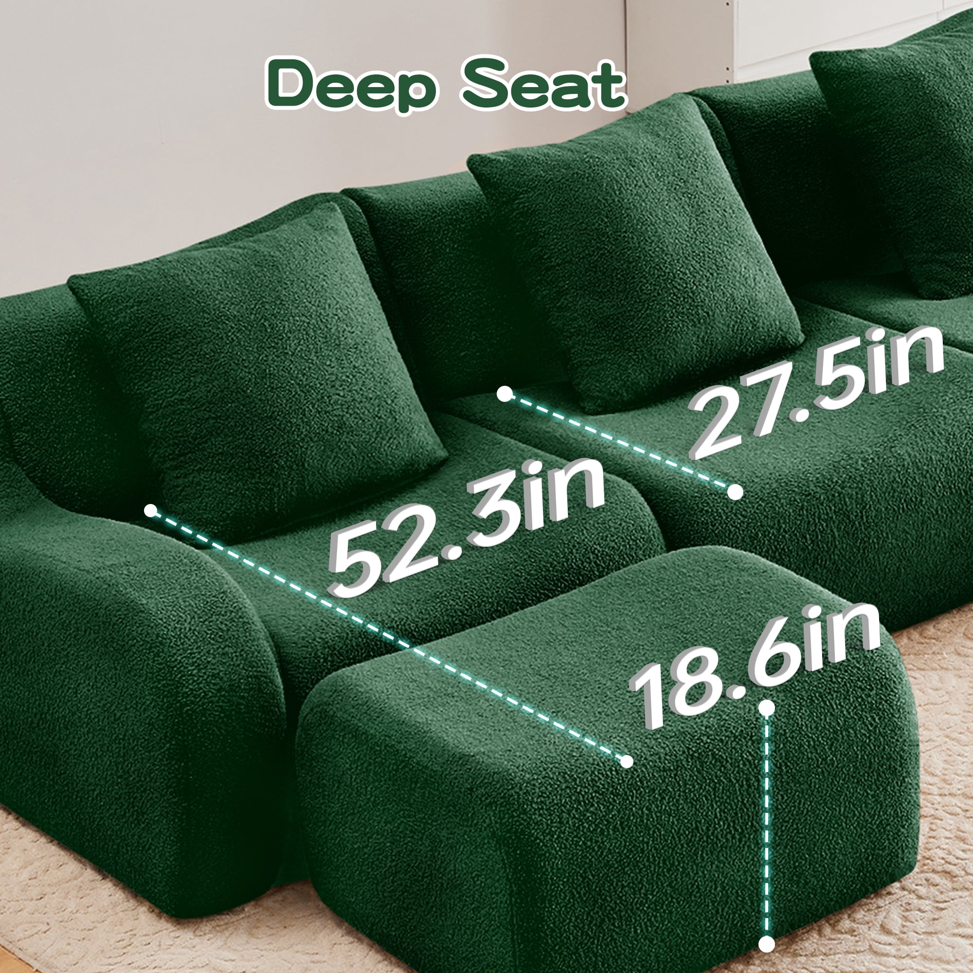 MAYEERTY 115.3" L-Shaped 3-Seat Teddy Fabric Boneless Sofa, Green 300lbs/seat 32D Foam No Assembly Couch with Chaise for Living Room Bedroom