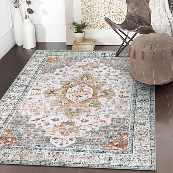 Thin Washable Entryway Rug , Small Kitchen Rugs for Entryway Indoor Non Slip, Vintage Throw Mat for Front Door Entrance Bathroom Laundry Room, Beige/Gold