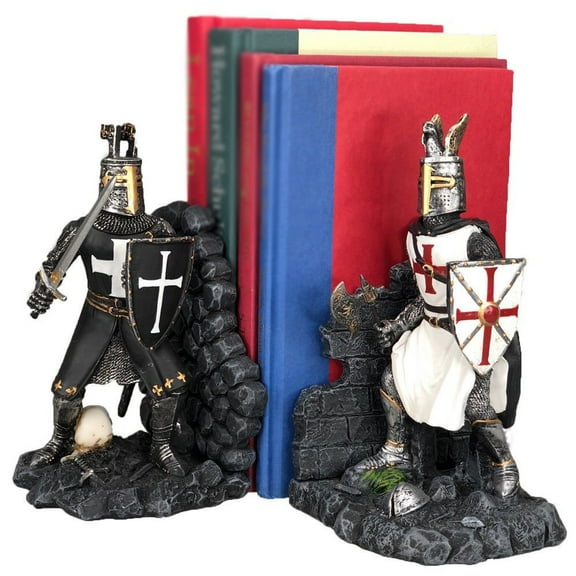 Ebros Black And White Medieval Crusader Knight Bookends Statue 7.5"Tall Set Suit Of Armor Swordsman Knights Of The Cross Age Of Kings Decorative Bookends Sculpture