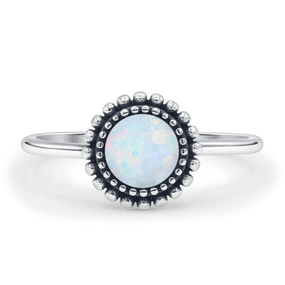 Round Beaded Ring Lab Created White Opal 925 Sterling Silver Size 4