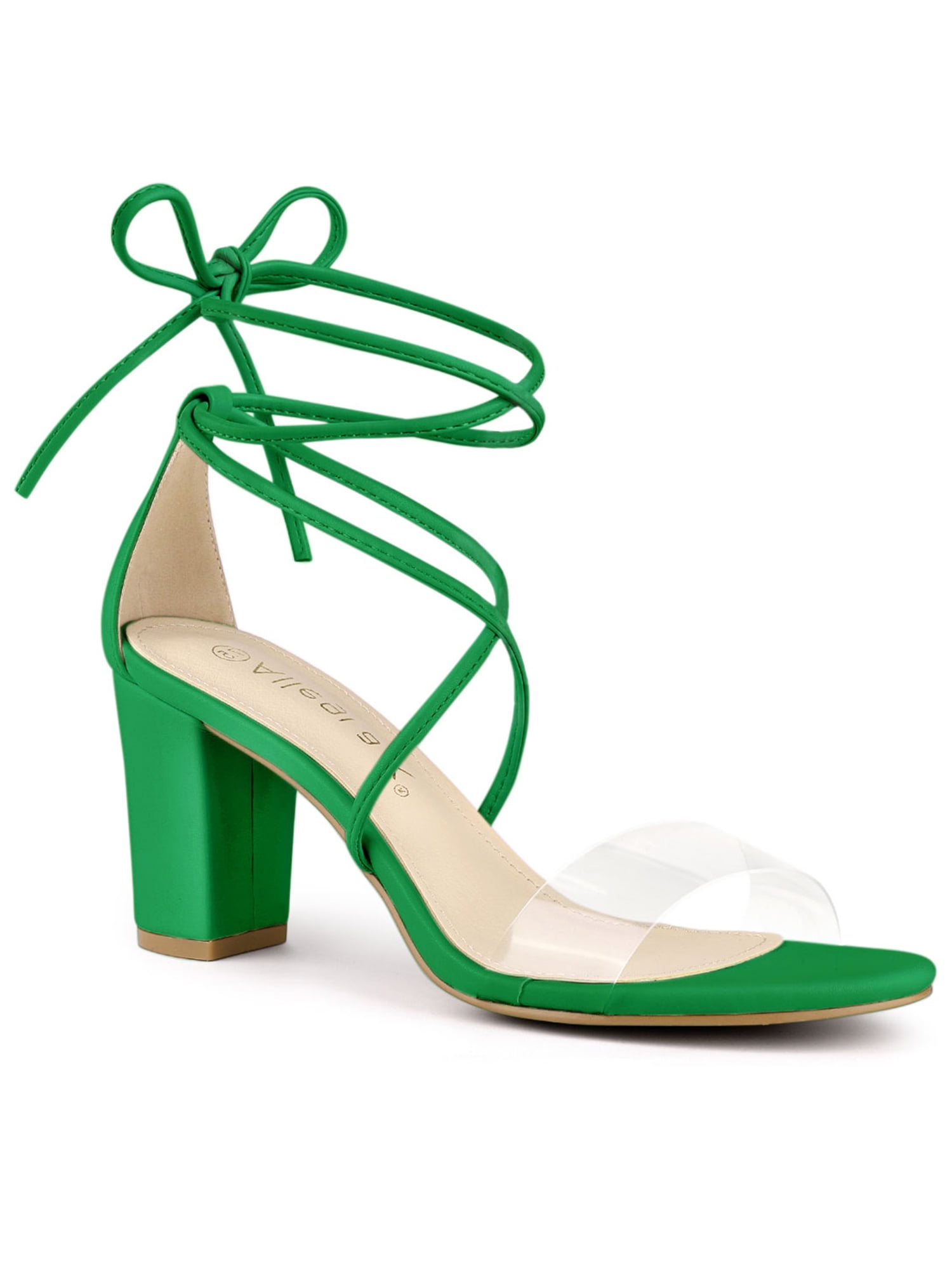 Unique Bargains Women's Clear Strap Block Heel Lace Up Heels Sandals