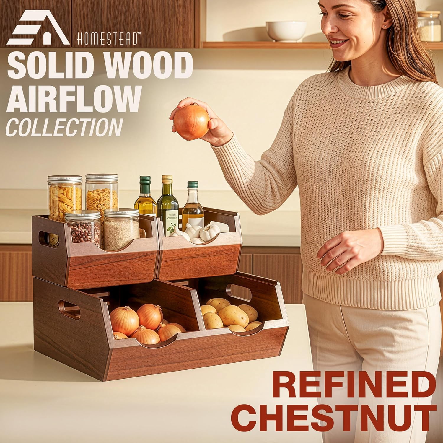 HOMESTEAD Acacia Wood Pantry Storage Bins, Stackable Bins Open Front Organizer, Ventilated Potato and Onion Storage Bins with Handles, Wooden Fruit Basket for Kitchen Pantry, Set of 3, Chest Nut